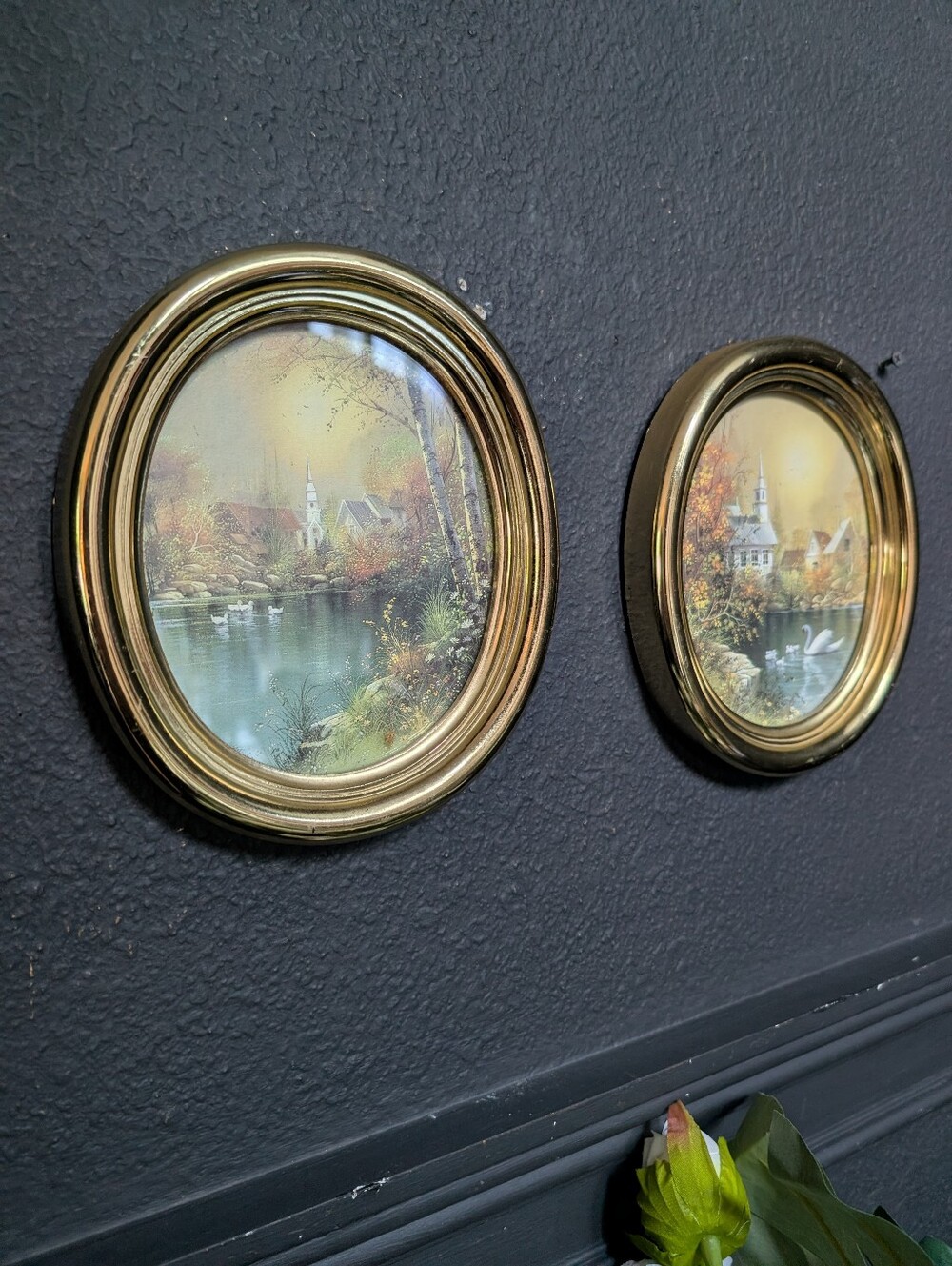 Vintage, Set of 2, Small HOMCO Swans on Lake Autumn Church Scenes Scenery, Oval